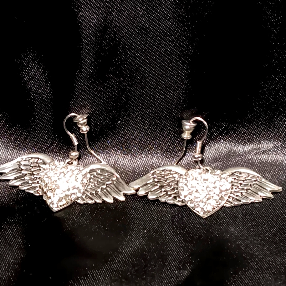 Rhinestone Hearts With Angel Wings Earrings, Pierced